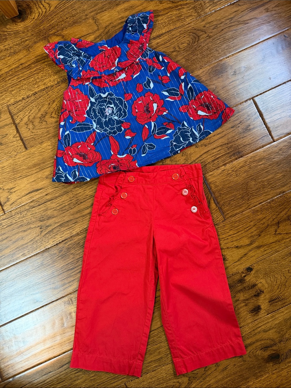 Girls Red Sailor-Style Pull-On Bottoms and Blue and Red Top